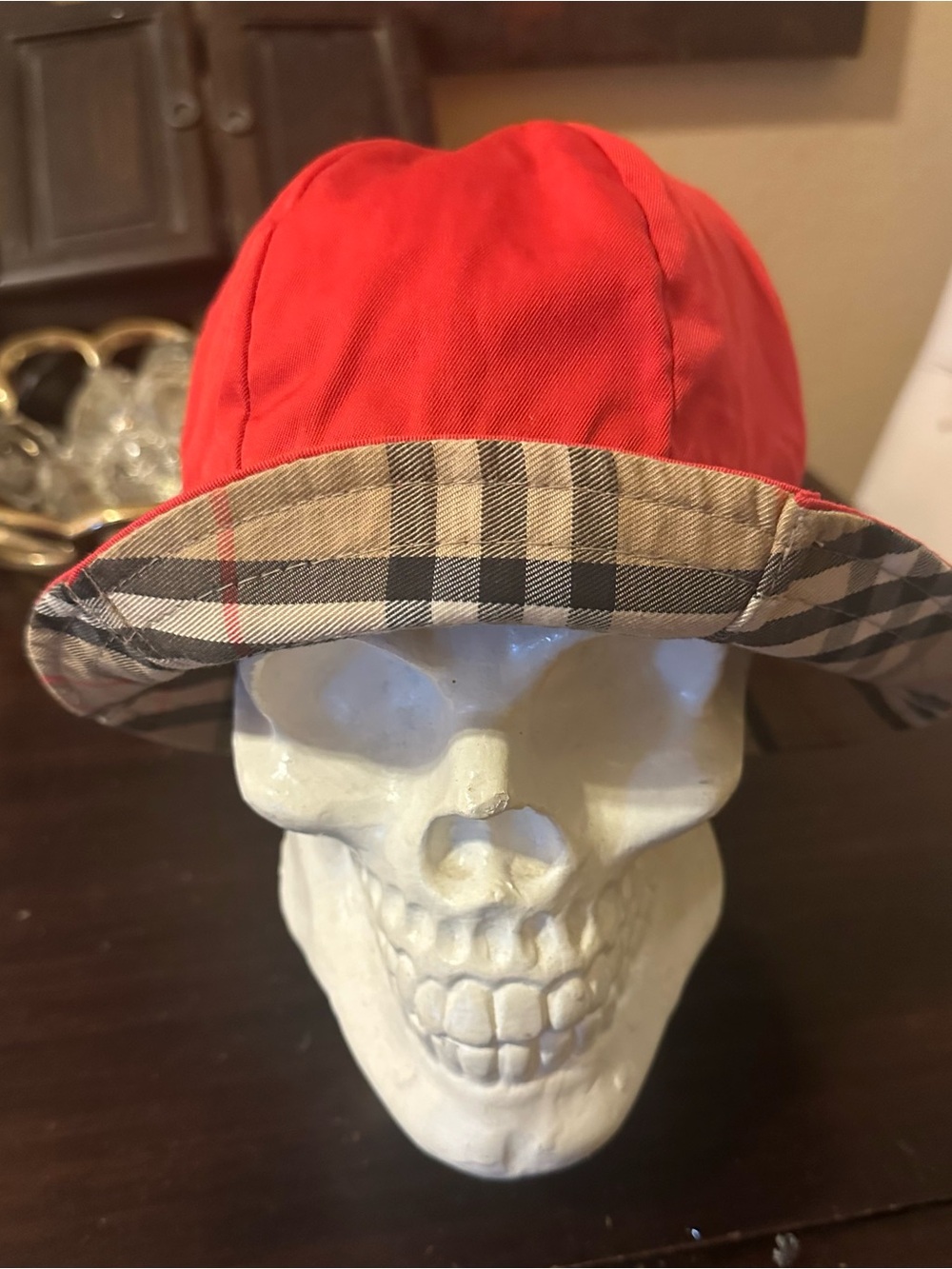 Burberry-Style Red Plaid Reversible Bucket Hat